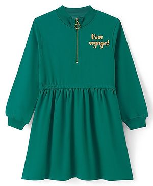 Pine Kids Cotton Knit Full Sleeves Winter Frock with HD Text Print - Green