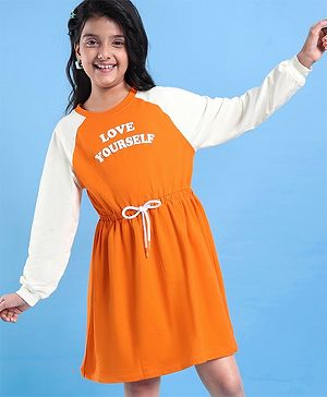 Pine Kids Cotton Knit Full Raglan Sleeves Winter Frock with Text Print - Permission Orange