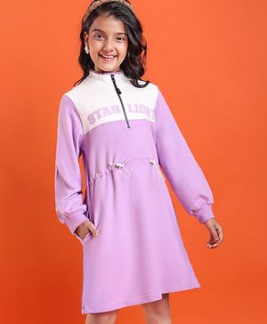 Pine Kids Cotton Knit Full Sleeves Winter Frock with Text Print - Lavender