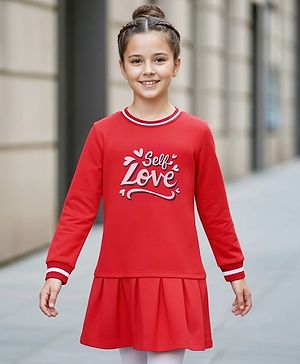 Pine Kids Cotton Knit Full Sleeves Winter Frock with Text Print - Red