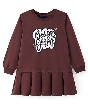 Pine Kids Cotton Knit Full Sleeves Winterwear Frock With Text Print - Brown