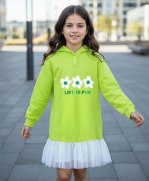 Pine Kids Cotton Knit Full Drop Shoulder Sleeves  Winter Frock With Floral Print - Lime Green