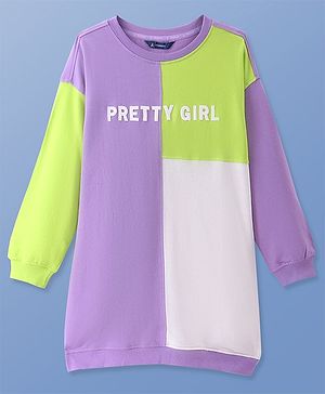 Pine Kids Cotton Knit Full Drop Shoulder Sleeves  Sweatshirt Dress With Text Print - Lilac