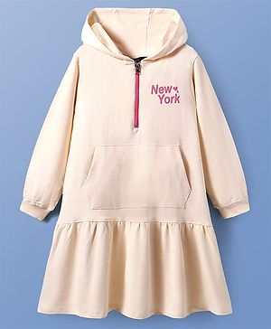 Pine Kids Cotton Knit Full Sleeves Hooded Sweatshirt Dress with Kangaroo Pockets & Text Print - Beige