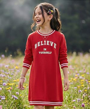 Pine Kids Cotton Knit Full Sleeves Sweatshirt Dress With Text Print - Red