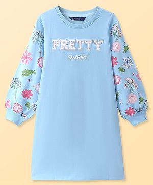 Pine Kids Cotton Knit Full  Sleeves  Sweatshirt Dress With Floral Print - Light Blue