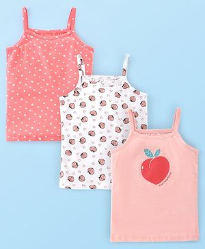 Babyhug Single Jersey 100% Cotton Knit Singlet Sleeves Slips With Polka Dots & Fruits Print Pack of 3 - White & Pink
