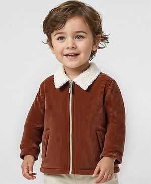 Babyhug Fur Woven Full Sleeves Front Open Jacket with Solid Colour & Fur Detailing at Collar - Brown