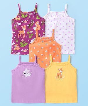 Babyhug Single Jersey 100% Cotton Knit Singlet Sleeves Slips Bunny Floral & Polka Dots Print Pack of 5 - Orange Yellow White & Purple