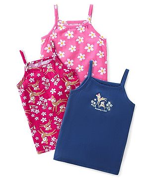 Babyhug 100% Cotton Knit Singlet Sleeves Slips With Deer & Floral Print Pack of 3 - Blue & Pink