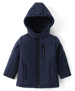 Babyhug Woven Full Sleeves Solid Hooded Padded Jacket - Navy Blue