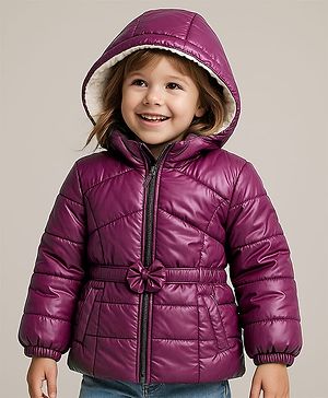 Babyhug Woven Full Sleeves Padded Hooded Jacket with Quilted Design & Floral Applique - Wine