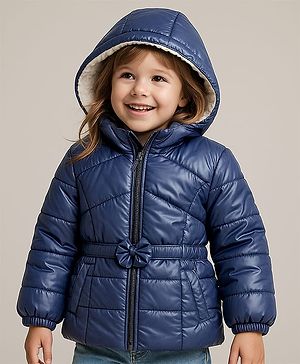 Babyhug Woven Full Sleeves Padded Hooded Jacket with Solid Colour & Floral Applique - Navy Blue