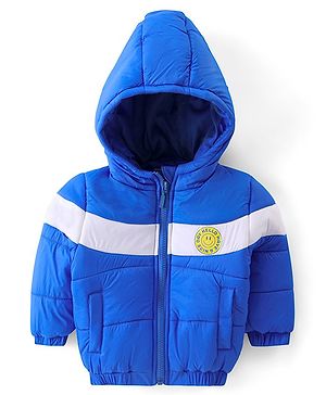 Babyhug Woven Full Sleeves Padded Hooded Jacket With Colour Block Design & Smiley Patch Detailing - Blue