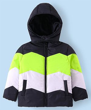 Babyhug Woven Full Sleeves Front Open Padded Hooded Jacket with Cut & Sew Design - Limegreen & Navy Blue