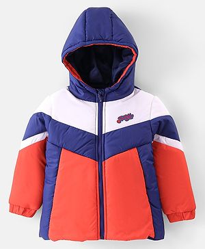Babyhug Woven Full Sleeves Front Open Padded Hooded Jacket with Cut & Sew Design - Orange & White