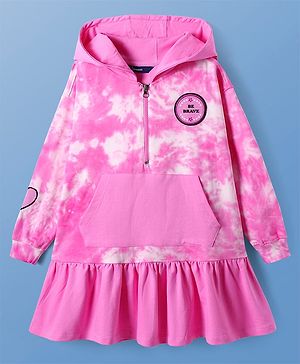 Pine Kids Cotton Knit Full Sleeves Hooded Winter Frock With Text Patch & Kangaroo Pockets - Dark Pink