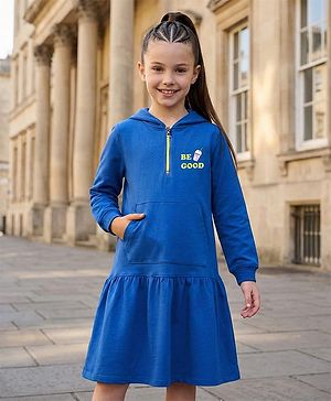 Pine Kids Cotton Knit Full Sleeves Hooded Sweatshirt Dress With Text Print & Kangaroo Pockets - Blue