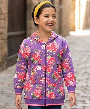 Pine Kids Cotton Knit Full Sleeves Floral Printed Hooded Front Open Sweatshirt Dress  with Kangaroo Pocket- Pink & Purple