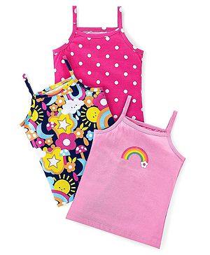 Babyhug 100% Cotton Knit Singlet Sleeves Slips with Polka Dots & Rainbow Print Pack of 3 - Pink & Blue