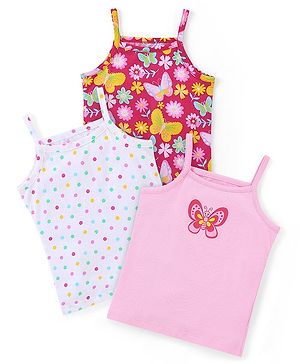 Babyhug 100% Cotton Sleeveless Slips Floral & Butterfly Print Pack of 3 - White & Pink