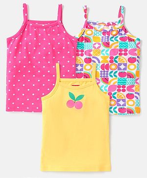 Babyhug Single Jersey 100% Cotton Singlet Sleeves  Slips Polka Dot & Cherry Print Pack of 3- White Pink & Yellow