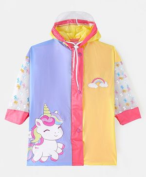 Babyhug Full Sleeves Below Knee Length Hooded Raincoat Unicorn Print - Lavender & Yellow