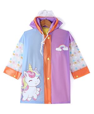 Babyhug Full Sleeves Below Knee Length Hooded Raincoat with Unicorn Print - Multicolor