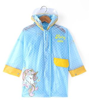 Babyhug Full Sleeves Below Knee Length Hooded Raincoat with Unicorn Print - Sea Blue