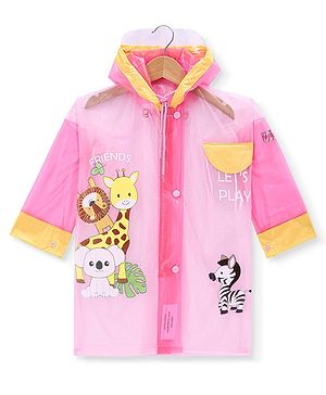 Babyhug Full Sleeves Below Knee Length Hooded Raincoat with Animal Print - Pink