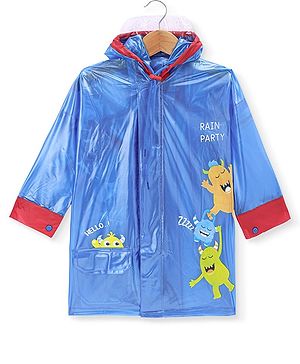 Babyhug Full Sleeves Below Knee Length Hooded Raincoat with Monster Print - Blue