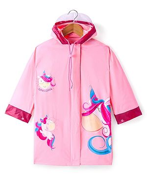 Babyhug Full Sleeves Below Knee Length Raincoat Unicorn Print - Pink