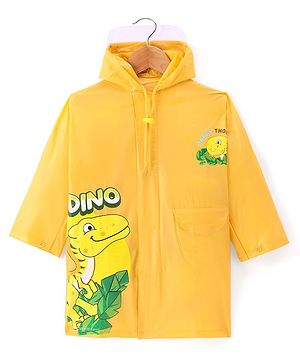 Babyhug Full Sleeves Hooded Below Knee Length Raincoat with Dino Print - Yellow