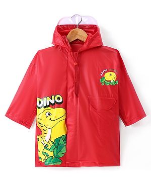 Babyhug Full Sleeves Below Knee Length Hooded Raincoat with Dino Print - Red