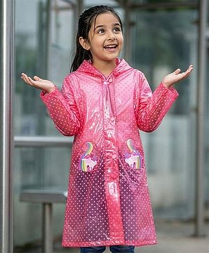 Pine Kids Full Sleeves Hooded Raincoat Polka Dots Print & Unicorn Patch Detailing - Pink