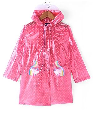 Pine Kids Full Sleeves Hooded Raincoat Polka Dots Print & Unicorn Patch Detailing - Pink