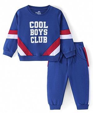 Doodle Poodle Light Weight Cotton Knit Full Sleeves T-Shirt & Lounge Pants Winter Wear Suit With Text Print - Royal Blue