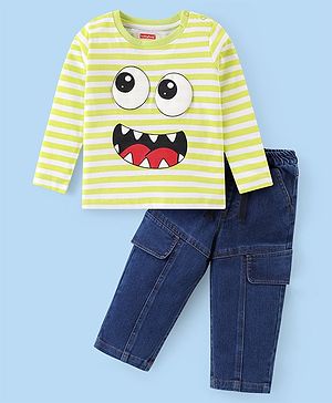 Babyhug Single Jersey Knit Full Sleeves Striped T-Shirt & Jeans Set with Monster Print - Light Green & Blue