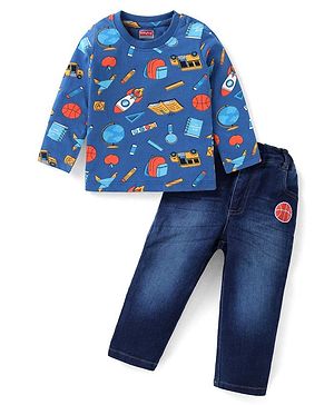 Babyhug Cotton Knit Full Sleeves T-Shirt & Denim Jeans Set With Back To School Theme Print - Blue