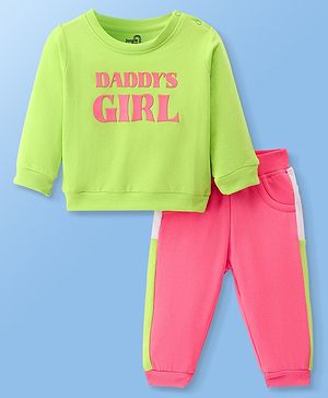 Doodle Poodle Cotton Knit Full Sleeves T-Shirt & Lounge Pants Set With Text Print - Green & Pink