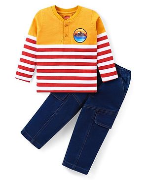 Babyhug Cotton Knit Full Sleeves Striped Henley T-Shirt & Denim Jeans Set - Orange & Blue