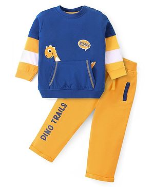Babyhug Cotton Knit Doctor Sleeves T-Shirt & Lounge Pants Set With Kangaroo Pocket & Dino Applique - Blue & Yellow