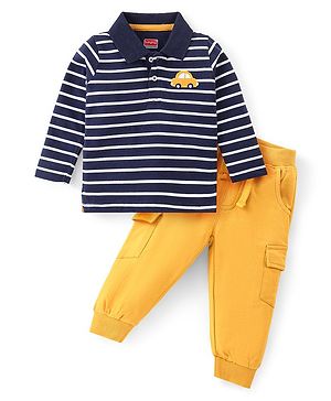 Babyhug Cotton Knit Full Sleeves Striped Polo T-Shirt & Lounge Pants Set With Car Embroidery - Navy & Yellow