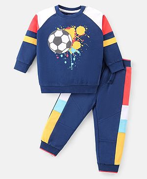 Babyhug Cotton Knit Raglan Sleeves T-Shirt & Lounge Pants Set With Football Print - Navy