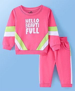 Doodle Poodle Cotton Knit Full Sleeves T-Shirt & Lounge Pants Set With Text Print - Pink