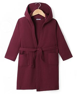 Pine Kids Knit Fill Sleeves Solid Colour Hooded Bath Robe with Pockets - Maroon