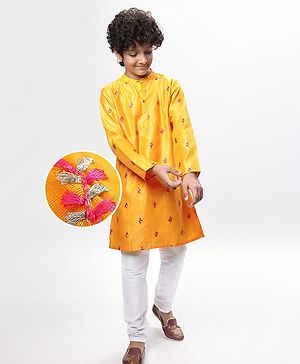 Pine Kids Woven Full Sleeves Embroidered Kurta Pyjama Set - Yellow