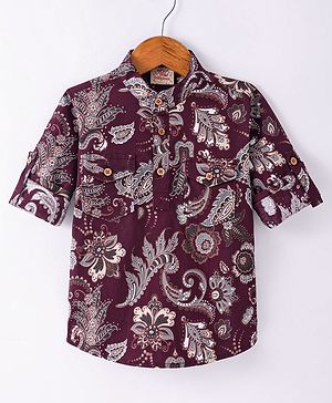 Rikidoos Cotton Full Sleeves Floral Printed Kurta Style Shirt - Wine