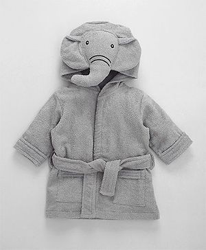 Babyhug Full Sleeves 3D Hooded Bathrobe Elephant Design - Light Grey - 4-5 YRS Grey