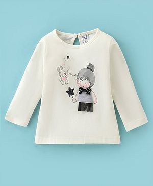 Simply Cotton Full Sleeves T-Shirt with  Rabbit Print & Bow Applique - Cream